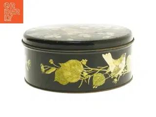 Dekorativ metaldåse med fuglemotiv (str. Ø 19,5 cm længde 8,5 cm)