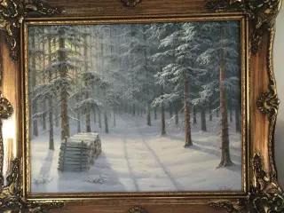 Smukt Zier maleri, skovmotiv med sne.