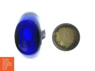 Gammel Blå glasflaske med måleenheder (str. H. 9 cm. b. 7 cm)