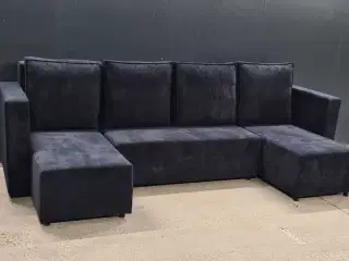 Boston U-Sofa 320x150x150 cm. Sort/blå rib velourstof
