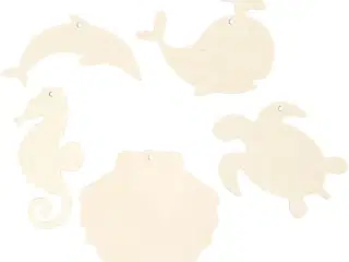 Havdyr til ophæng, Søhest, skildpadde, delfin, musling og hval, H: 5-10 cm, B: 5-10 cm, hulstr. 3 mm, tykkelse 2 mm, 5stk./ 1 pk.