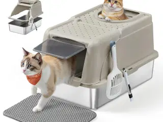 Feandrea kattebakke i rustfrit stål med flip-låg, XL – lækagesikker, dobbelt indgang, inkl. skovl, børste og måtte – cappuccino beige