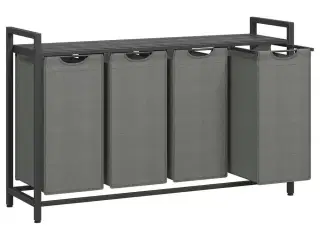 Vasketøjskurv med 4 rum udtrækkelige poser, hylde, metalstel, 4 × 40 l, 116 × 33 × 72 cm, sort/grå