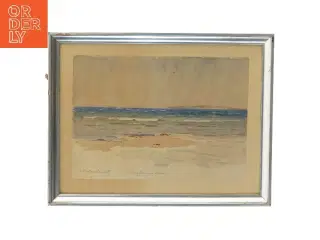 Akvarel af strand med ramme (str. 37,5x29 cm)