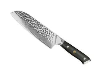 Santokukniv, 18 cm knivblad, udført i 67 lags Damaskus stål.