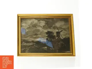 Indrammet landskabsbillede med mølle (str. 45 x 35 cm)