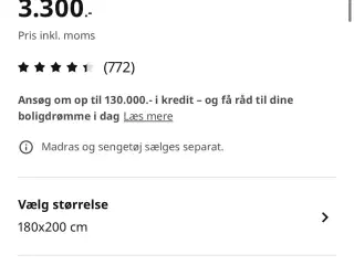 Malm sengeramme 180x200 med lamelbund og 4 skuffer