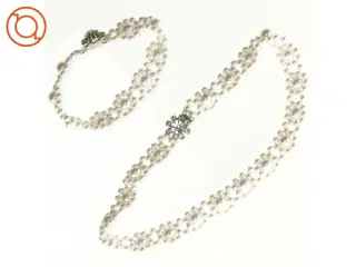 Perlehalskæde og armbånd med rhinsten (str. 18 og 9 cm)