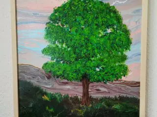 Akryl Fluid Art natur maleri med træet i centrum 