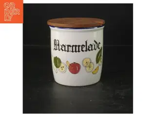 Keramik marmeladeglas med trælåg fra Knabstrup (str. Ø. 11 cm. længde, 11 cm)