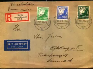 Luftpost Rekommanderet Brev fra Tyskland - Nykøbing F - 28 - 5 - 38