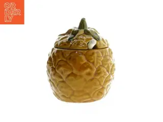 Gammel marmelade- eller honningkrukke med låg og ske (str. Ø 7x11 cm)