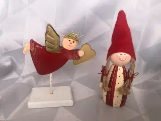 2 julefigurer - træ nisse pige & metal engel