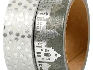 Masking Tape, huse og prikker - folie, B: 15 mm, sølv, 2x4m/ 1 pk.