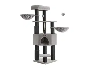 Kattetræ til store katte – FEANDREA, robust kradsetræ med selvopvarmende puder, 2 selv-plejere, 9 kradsepæle, stor liggeplads, hule og kurve, 50 × 50 × 160 cm, duegrå/sort
