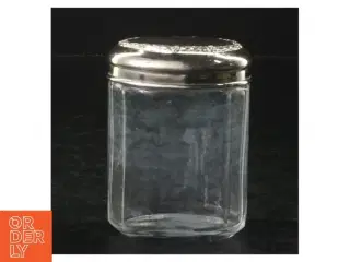 Dekorativt oval glas beholder med sølvlåg m. blomstermønster (str. 10 x. 7 cm)