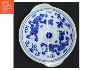 Porcelænsskål med blåt mønster og låg (str. Ø 17 cm)