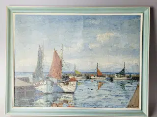 ⛵ Charmerende Oliemaleri - Emil Brehm – Havnemotiv