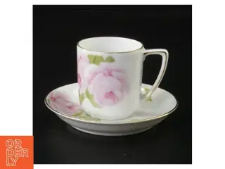 Porcelænskop og underkop med rosenmotiv (str. 10 x 6 cm)