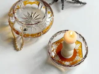 Lågkrukke, krystalglas m orange detaljer