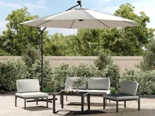 Hængeparasol med LED-belysning 300 cm sandfarvet metalstang