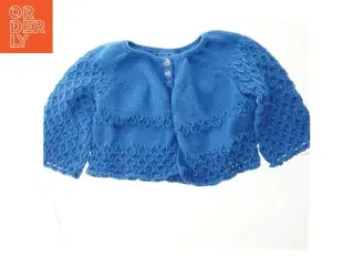 Blå håndstrikket børnecardigan (str. Bryst, 38 cm. længde, 31 cm)