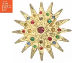Stjernformet broche med farvede sten (str. Ø 4,5 cm)