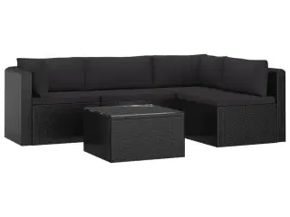 Haveloungesæt 5 dele med hynder polyrattan sort