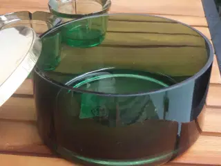 Grøn glasskål m/låg+matchende fyrfadsholdere