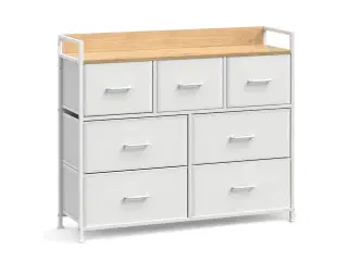 Kommode med 7 skuffer stofskuffer, metalstel, hvid og træfarve