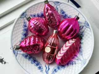 Vintage julekugler, store pink ornamenter, 6 stk samlet