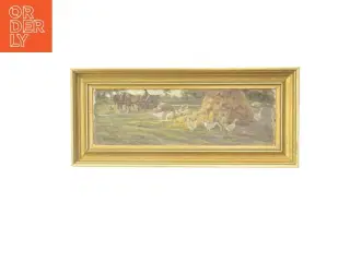 Landskabsmaleri med hestevogn og høns (str. 43x19 cm)