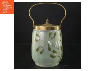 Antik kiksebeholder af glas med blomsterdesign og messingtop (str. 16x12 cm)