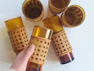 Ravfarvede cylinderglas m fransk flet og guldkant, 6 stk samlet