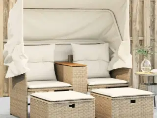 2-personers havesofa med baldakin og skamler polyrattan beige