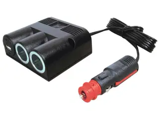 Strømudtag 1->2+USB med ledning