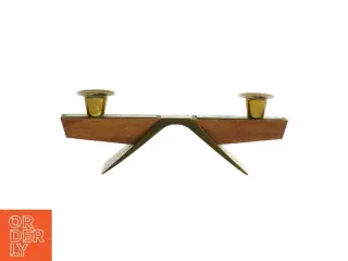 Vintage lysestage i Teak træ og messing med to lysholdere (str. 25 cm)