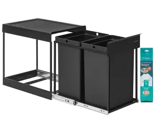 Indbygget skraldespand til køkkenskab – 2 x 20 l, udtræk, stålramme, ABS-låg, ink black (LTB951B01)
