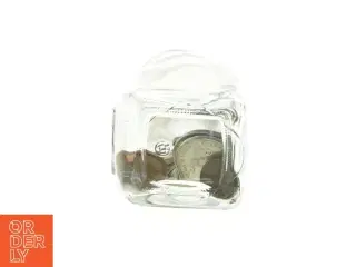 Glasbeholder med mønter (str. 10 x 6 cm)