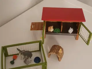 Kaninbur med 5 kaniner og tilbehør. 