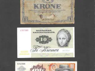 1 kr.- 10 kr. - 100 kr. danske sedler