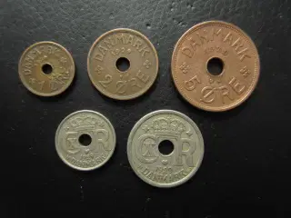 1, 2, 5, 10, 25 øre og 1 krone 1929 komplet årgang