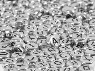 Bogstavperler, diam. 7 mm, hulstr. 1,2 mm, sølv, 21g/ 1 pk.