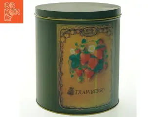 Metaldåse med jordbærmotiv (str. Ø. 17 cm. længde. 20 cm)