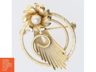 Gylden broche med perle (str. 3,5 cm)