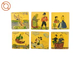 6 stk. Vintage Almue H. C. Andersens Eventyr billeder håndmalet på træ (str. 14 cm)