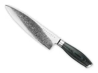 Kokkekniv, 21 cm knivblad, udført i 67 lags Damaskus stål.