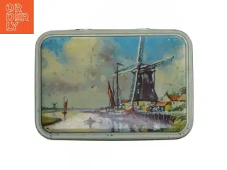 Vintage Hollandsk Metaldåse med blå dekoration (str. 17x12 cm)
