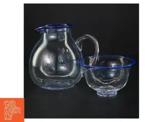 Glaskande og skål med blå kant (str. 14 og 8 cm)
