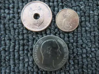 2kr. Sølvmønt fra 1876. + 2stk, Kobbermønter